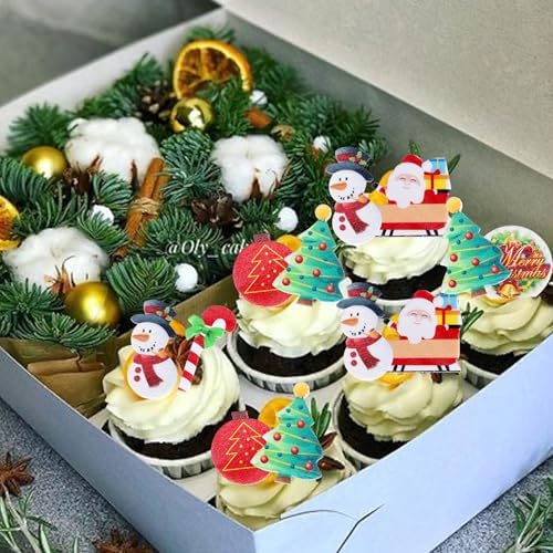 60 Pack Edible Christmas Cake Topper Edible Wafer Paper Santa Snowman Christmas Cake Pick Edible Christmas Xmas Festival birthday Cake Decoration Party Supplies