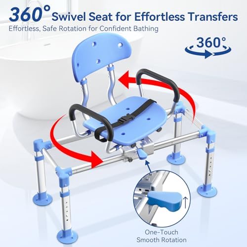 KingPavonini 550lbs Heavy Duty Sliding Shower Chair Tub Transfer Bench with 360° Swivel Seat, Shower Chair for Inside Shower with Adjustable Backrest, Non-Slip Shower Bench for Elderly and Disabled