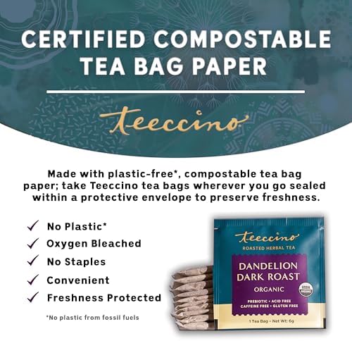 Teeccino Dandelion Herbal Tea - Dark Roast - 25 Tea Bags, Caffeine-Free, Roasted Herbal Tea with Prebiotics, 3x More Herbs than Regular Tea Bags, Gluten Free