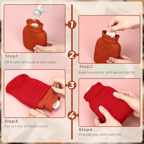 VIHOSE 2 Pcs Small Hot Water Bottle Bag 350ml for Hot & Cold Compress with Removable Knitted Cover Silicone Microwave Heating Mini Water Bag for Travel Holiday Gifts