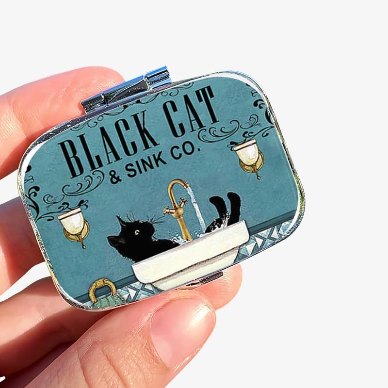 1pc Square Pill Box, Mini 2 Compartment Medicine Pill Organizer, Household Portable Medicine Storage Box, Vitamins Fish Oil for Pockets Purses Travel Unique Gift (Black Cat)