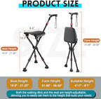 300-Pound Capacity Folding Cane with Seat, Adjustable Seat & Cane Height, Portable, Non-Slip Pads, Suitable for Middle-Aged & Senior Users, Daily Walking, Waiting in Line & Travel