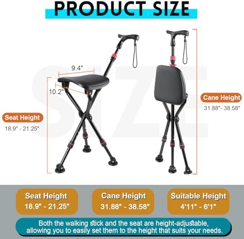 300-Pound Capacity Folding Cane with Seat, Adjustable Seat & Cane Height, Portable, Non-Slip Pads, Suitable for Middle-Aged & Senior Users, Daily Walking, Waiting in Line & Travel