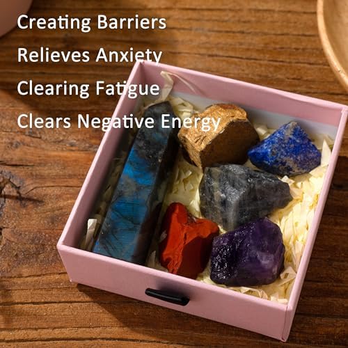 Runyangshi 3" Natural Labradorite Crystal Tower Healing Crystal Wand with 5PCS Rough Crystal Raw Stones for Reiki Chakra Meditation Therapy Decor Gift