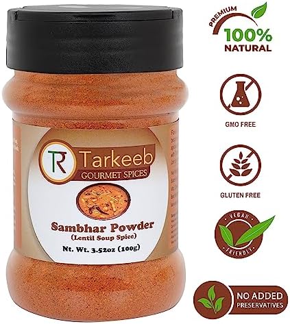 Tarkeeb Sambar Masala (Lentil Soup Spice Blend) South Indian 11-Spice Blend 3.52 oz (100g) Shaker Top PET Jar ~ All Natural | Vegan | No Colors | Gluten Free | NON-GMO | Indian Origin |