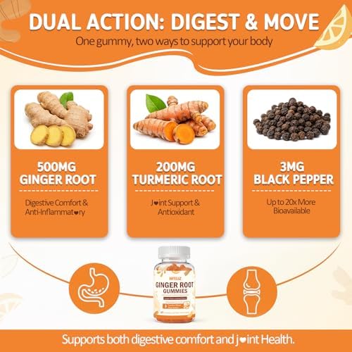 Ginger Gummies 500mg - Turmeric and Ginger Supplement for Digestion, Bloating & Mobility Support - Sugar-Free Lemon Flavor with Black Pepper Extract for Enhanced Absorption, 60 Count