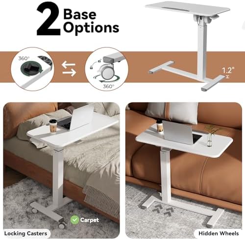 Mobile Standing Desk, Height Adjustable Left/Right Overbed Bedside Table, 90° Tiltable Portable Laptop Desk with Wheels, Foldable Computer Cart for Hospital Home Use, White