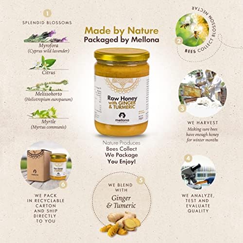 Mellona 100% Raw Honey Unfiltered with Ginger & Turmeric - Natural Honey Raw Unprocessed, Unheated & Unfiltered, No Artificial Additives, Pure Superfood 700 Gram