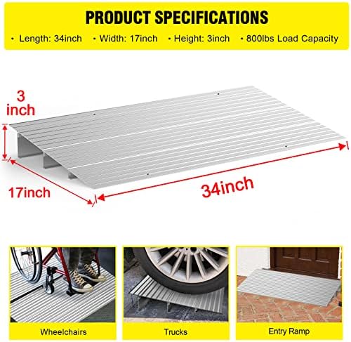Door Threshold Ramp 3" Rise Door Ramp Aluminum Entry Ramp or Doorways Rated 800 lbs Load Capacity forWheelchair Scooters Power Chairs Walkers Metallic