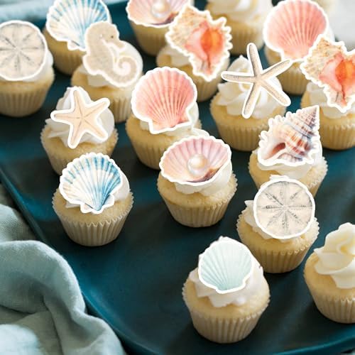60 PCS Edible Sea Shell Cupcake Toppers Starfish Conch Seahorse SeaShell Cupcake Picks Edible Beach Party Decorations for Under the Sea Baby Shower Wedding Birthday Party Cake Decors Supplies