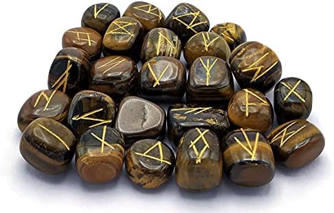 Amazing Gemstone Runes Stone Set with Velvet Pouch and Instruction EBook ~ Elder Futhark Runes Engraved Pagan Viking Symbols for Reiki Healing, Crystal Grid & Energy Balancing (Tiger Eye)