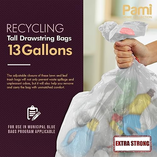 PAMI Recycling Tall Kitchen Drawstring Trash Bags- Extra-Strong Plastic Garbage Bags- Thick Trash Can Liners For Kitchen & Outdoor Bins- 2ft x2ft Unscented Trash Bags (13 Gallon – 60 Count – Clear)