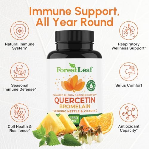 ForestLeaf Quercetin with Bromelain 1350mg - Blend with Vitamin C & Stinging Nettle Supplement, Quercetin 500mg Capsules, Non-GMO Gluten Free, Natural Function, 90 Veggie Caps