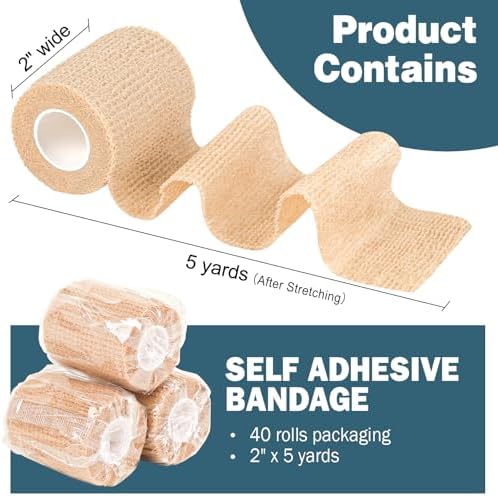 AZEN 40 Pack Self Adhesive Bandage Wrap, 2" X 5 Yards Elastic Cohesive Bandage Wrap, Skin Color Athletic Tape, Vet Wrap, Ankle Tape, Tattoo Grip Tape Wrap