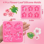 Tropical Flower Leaf Silicone Mold, 4 Pcs Hibiscus Plumeria Flower Fondant Molds Tropical Palm Leaves Chocolate Molds Silicone for Fondant Candy Cake Decoration Cupcake Topper Gum Paste Polymer Clay
