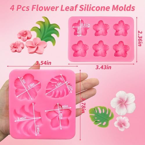 Tropical Flower Leaf Silicone Mold, 4 Pcs Hibiscus Plumeria Flower Fondant Molds Tropical Palm Leaves Chocolate Molds Silicone for Fondant Candy Cake Decoration Cupcake Topper Gum Paste Polymer Clay