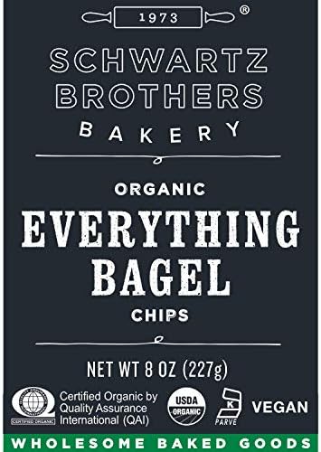 Everything Bagel Chips NY Style Bagel Crisps. Organic, Vegan, Kosher. From the artisans of Schwartz Brothers Bakery. Baked Fresh. Twice Baked. 8 ounce container. Great Snack. Delicious. Pack of 2.