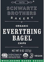 Everything Bagel Chips NY Style Bagel Crisps. Organic, Vegan, Kosher. From the artisans of Schwartz Brothers Bakery. Baked Fresh. Twice Baked. 8 ounce container. Great Snack. Delicious. Pack of 2.