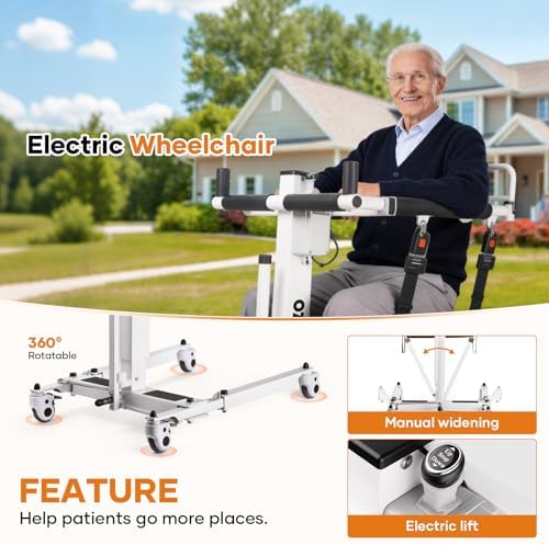Electric Patient Lift Transfer Chair, Adjustable Medical Mobility Lift 33.8"-47.6", 300 lbs Capacity, Waterproof Shower Transfer Chair, Foldable Portable Handicap Transfer Aid for Elderly & Home Care