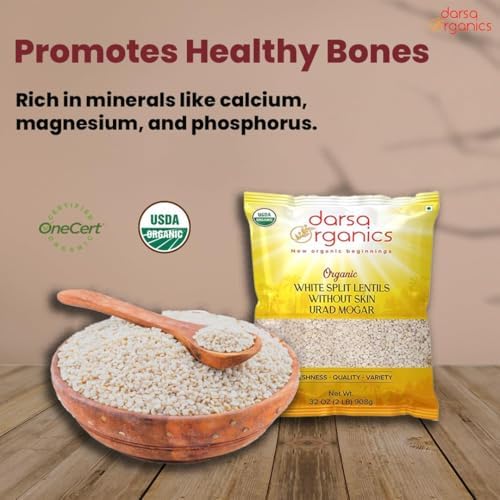 Darsa Organics Urad Dal Split Without Skin (Urad Mogar) 2lb – USDA Organic White Matpe Split Lentils | Non-GMO, Plant-Based Protein, Kosher | Great for Dosa Batter, Soups, & Stews