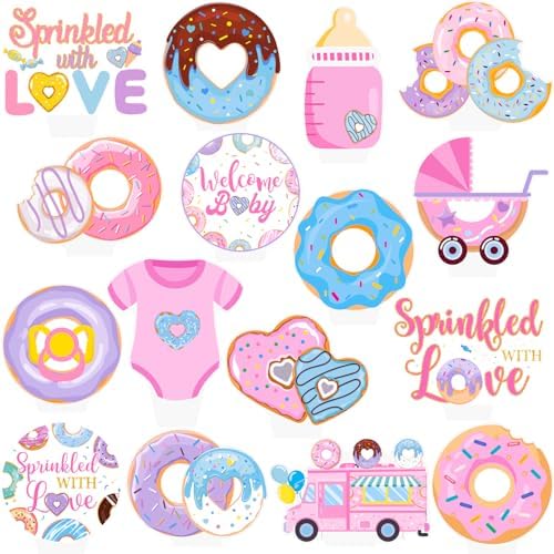 Donut Sprinkle Cupcake Toppers 48PCS Sprinkled with Love Baby Shower Decorations Donut Cupcake Picks Donut Theme Party Cake Decorations for Welcome Baby Party Supplies