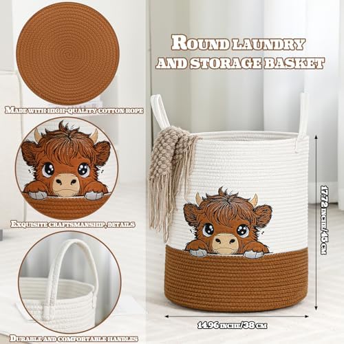 Honeydak Highland Cow Laundry Basket Brown Tall Cotton Rope Laundry Hamper Large Nursery Storage Basket for Toy Clothe Bathroom Bedroom Organization Decor, 15 x 17.7 Inches