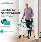 HOMENURSE Narrow Walkers for Seniors, Folding Walker with Skis and 5" Wheels for Small Spaces, Adjustable Width & Height, Aluminum Lightweight Standard Rolling Walker, Support Up to 350lbs, Silver