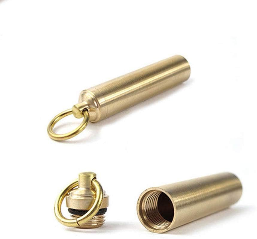 EORTA 2 Pieces Mini Pill Fob Portable Keyring Boxes Waterproof Brass Bottles Medicine Case Dispenser Tablet Container Single Chamber Holder for Travel Outdoor Sports, Golden