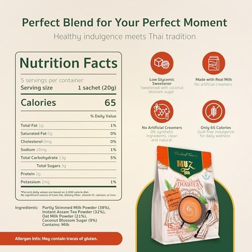 MUZ Tea Premium Instant Thai Tea Mix – Real Milk, No Creamers – Low GI Coconut Blossom Sugar – Only 65 Calories – Thai Tea Powder – Just Add Water – 15 Sachets
