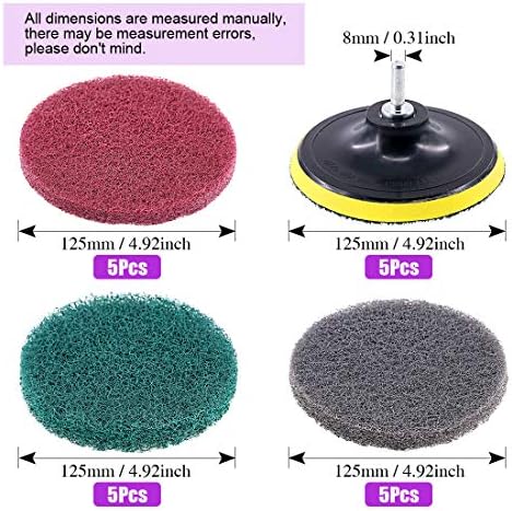 Swpeet 16Pcs 5Inch 3 Different Color Scrubbing Pads Drill Powered Brush Tile Scrubber Scouring Pads Cleaning Kit, Abrasive Buffing Pads Replacement with 1 Pcs Hook Attachment for House Cleaning