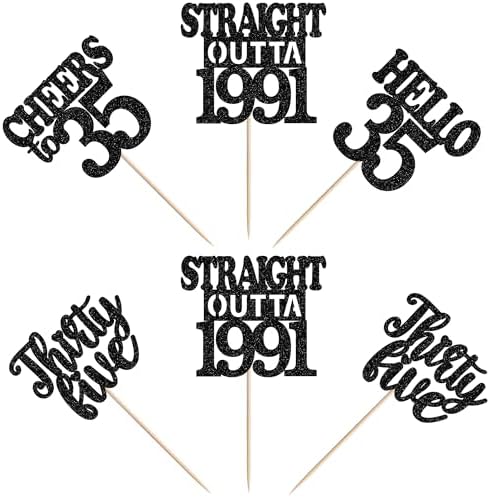 36Pcs Happy 35th Birthday Cupcake Toppers Black Thirty Five Straight Outta 1991 Cupcake Picks Hello 35 Cheers to 35 Years Birthday Cake Decorations for 35th Birthday Anniversary Party Decor Supplies