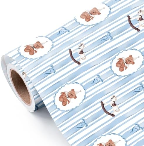 WRAPAHOLIC Bear Baby Boy Wrapping Paper Roll - Mini Roll - 17 Inch x 16.5 Feet - Teddy Bear, Toys and Blue Bow Wrapping Paper for Baby Shower, Newborn Celebration, Kids Birthdays, Gender Reveal