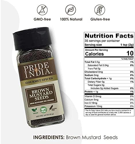 Pride of India – Brown Mustard Seed Whole – Gourmet Indian Spice – Hot & Spicy Flavor – Ideal seasoning for sauces/dips/spice blends – Easy to Use – 2.5 oz. Small Dual Sifter Bottle