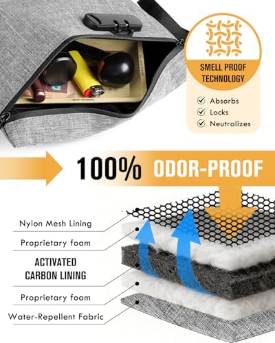 Smell Proof Bag, Odor Proof Bag with Combination Lock, Durable Smell Proof Container with Carbon Lining, Secure Odorless Travel Pouch for Home & On-the-Go (Grey)