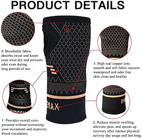 INDEEMAX Copper Wrist Compression Sleeve 1 Pair, Comfortable Hand Brace Support for Arthritis, Tendonitis, Sprains, Workout, Carpal Tunnel - Left & Right - Women and Men