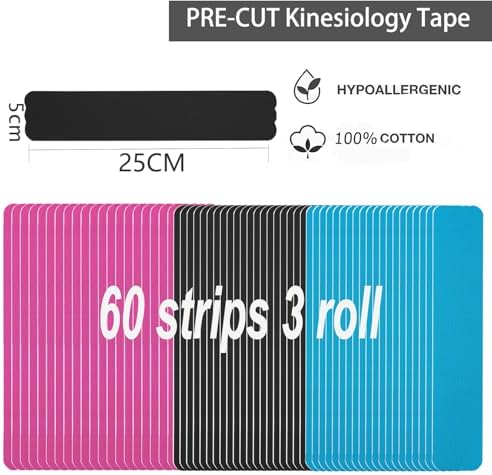 Kinesiology Tape Pro Athletic Sports (3 Rolls,60 Precut Strips) Waterproof Breathable Latex Free Tape for Ankle Wrists Knees Elastic Running Tennis Swimming Football Sports Activities Tapes (Mix)