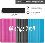 Kinesiology Tape Pro Athletic Sports (3 Rolls,60 Precut Strips) Waterproof Breathable Latex Free Tape for Ankle Wrists Knees Elastic Running Tennis Swimming Football Sports Activities Tapes (Mix)