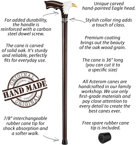 Asterom Hand-Painted Wooden Carved Walking Cane for Men - Bald Eagle - Unique Wood Cane Stylish Walking Stick