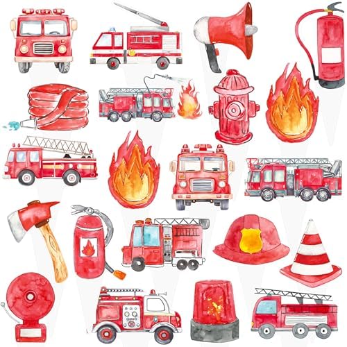 48Pcs Firefighter Theme Cupcake Toppers Fire Truck and Emergency Equipment Design Cupcake Toppers for Firetruck Firefighter Theme Birthday Party Fireman Baby Shower Supplies