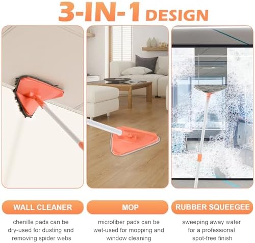 Wall Cleaner Triangle Mop with 82'' Long Handle - Wall Scrubber, Cleaning Washer Tool with 4 Microfiber Chenille Duster Pads for Clean Walls, Ceiling, Windows, Baseboards, Floors (Orange, 6 Pads)
