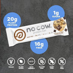 No Cow Vegan Protein Bars, Upgraded Chocolate Chip Cookie Dough | 20g Plant Based Protein, Gluten Free, Dairy Free, Soy Free, Keto Friendly, Low Sugar, High Fiber Snack Bars | Pack of 12