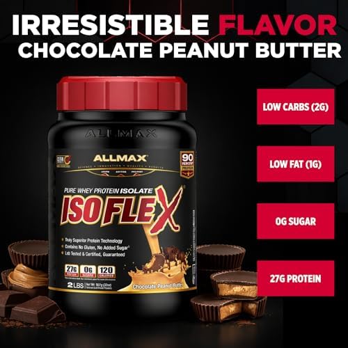 ALLMAX ISOFLEX Pure Whey Isolate Protein Powder - Gluten Free, Low Lactose, Sugar-Free - High-Protein, Clean, Keto-Friendly, Pre Post Workout Supplement, Women and Men | Chocolate Peanut Butter, 2lb