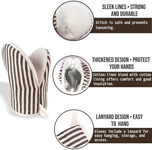 Heat Resistant Mini Oven Mitts 2-Pack - 500°F Heat Protection Cotton Striped Oven Gloves, Small Non-Slip Duckbill Design Mitt for Baking, Grilling, BBQ, Kitchen Pot Holders Set (5.5" x 7.1", Coffee)