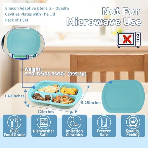 EZ Assistive Adaptive Utensils Deep plate with Lid, Extra Wall and Spill-proof Melamine Divided Plate, Non-slip Diner Wares for Elderly (Melamine 4-Compartment Dinner plate with Lid)