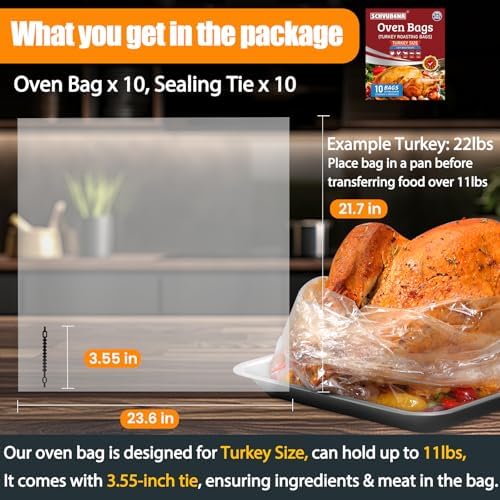 Turkey Oven Bags for Perfect Roasting - 21.7’’ x 23.6’’, 10 Counts, Large Size Turkey Cooking Bags for Oven, Locks in Juices for Flavorful Turkey - Microwave Safe, Thanksgiving, Christmas Essentials