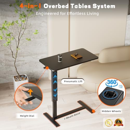 Overbed Bedside Table with Wheels, Adjustable Hospital Over Bed Table, Rolling Laptop Table, Medical Bed Side Table,Black