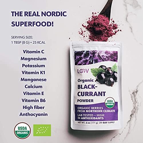 LOOV Blackcurrant Powder Organic, Made from 100% Whole Blackcurrants, Freeze Dried and Powdered Organic Blackcurrants, 6 Ounces, 23-Day Supply, Grown in Northern Europe, no Added Sugar