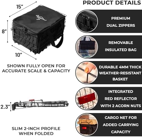 Bike Basket with Removable Insulated Cooler Bag, Foldable Weatherproof Steel Wire Rack