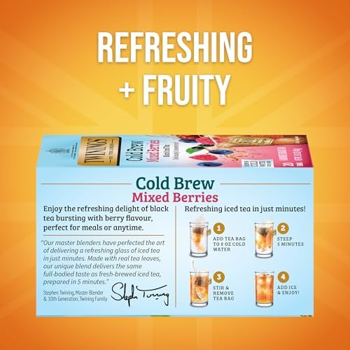 Twinings Cold Brew Variety Sampler Peach and Mixed Berries Black Iced Tea Bags, 20 Count (Pack of 2), Deliciously Unsweetened Flavoured Black Tea, Caffeinated, 40 Individually Wrapped Tea Bags