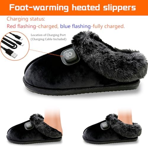 SEASAND Heated Slippers for Men and Women, Rechargeable Electric Foot Warmer, 3-Gear Electric Thick Warm Winter Heated Shoes for Feet Warmers